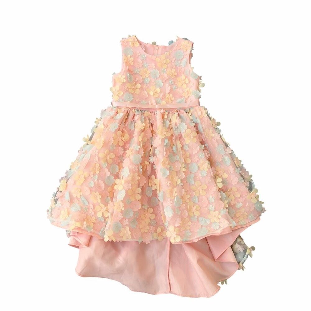 Rare Editions Girls Pink Floral High-Low Party Dress 3D floral appliqués size 6